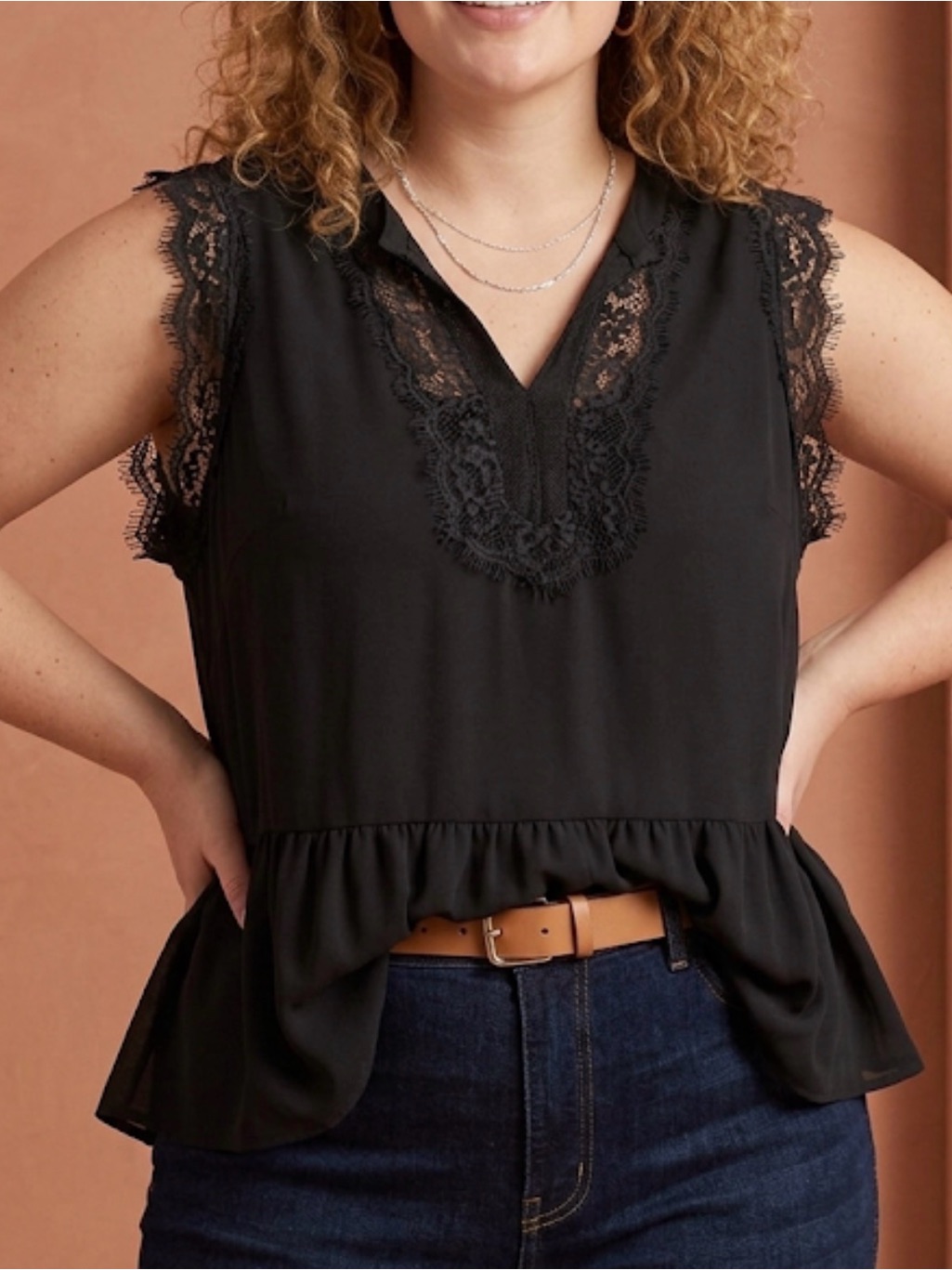 Lane Bryant Black Lace-Trim Peplum Shell Elegant Sleeveless Blouse Size 20